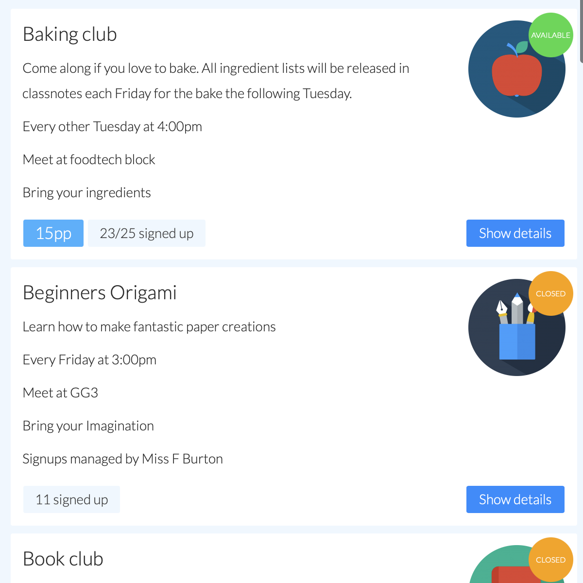 Online extra-curricular activities system - activity listing